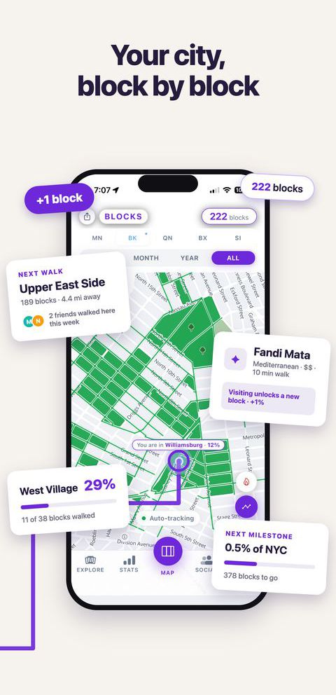 Your city, block by block - the Blocks map with walked blocks filled in, and cards showing a neighbourhood's progress