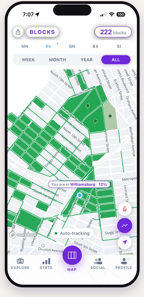Every street you walk lights up - a screen from the Blocks app